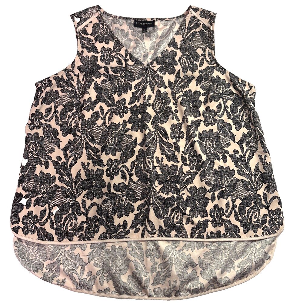 Lane Bryant Women’s Sleeveless Black Floral Faux Lace Print Over Beige Base 18
